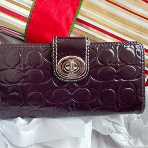 COACH Merlot Peyton Signature Embossed Patent Leather Silver Zip Around Wallet
